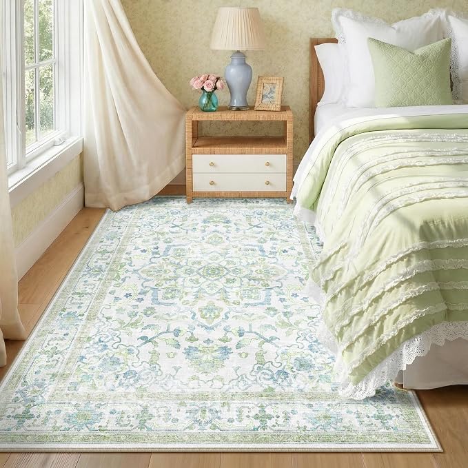 CAPALOCA 3x5 Washable Nursery Girls Low Pile Area Rug Green Blue | Non-Slip Soft Rugs for Bedroom Kids Playroom Living Room, Print Pattern Water Repellent Carpet Indoor Decor