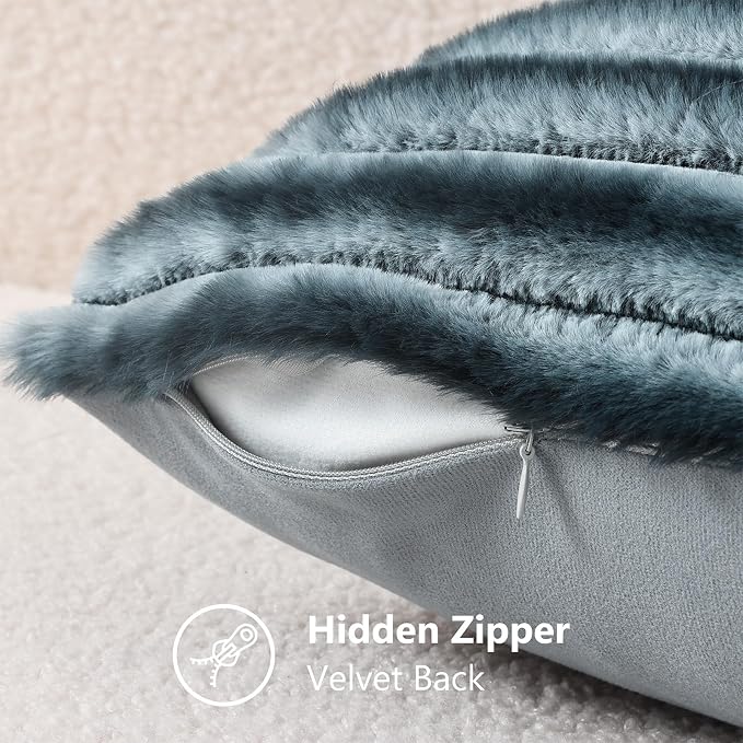 decorUhome Fall Faux Fur Throw Pillow Covers 12x20 Set of 2 Blue Grey | Decorative Soft Cozy Striped Plush Modern Farmhouse Boho Couch Pillow Cases Velvet Back for Sofa Bed Living Room Home Decor