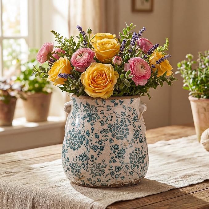 Ceramic Scroll Planter 6.5 Inch Chinoiserie Floral Vase with Drainage Holes Vintage Flower Vase Flower Pot Rustic Ceramic Pots for Indoor Plants Garden Home Bookshelf Decor(Indigo Blue)