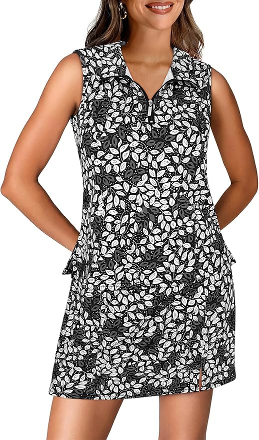 Koscacy Women's Tennis Skort Set Zip Up Tank Top 2 Piece Summer Outfit