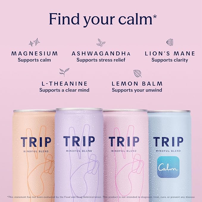 TRIP Lightly Sparkling Adaptogen Seltzer, Non-Alcoholic Mocktail with Magnesium, Ashwagandha, Lions Mane & L Theanine, No Added Sugar, Vegan, Original Variety Pack, 12 Oz, 12Pk