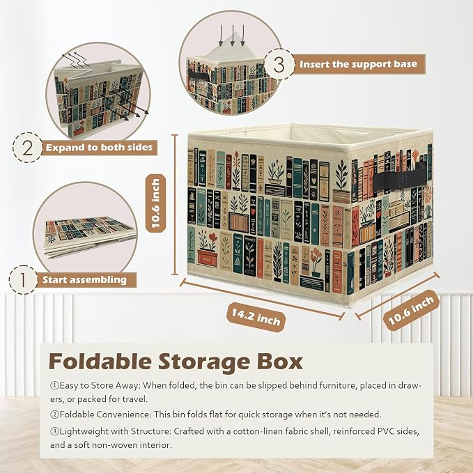 Vintage Floral Book Storage Box Bins, Reading Lover Bookish Bookworm Gifts Collapsible Storage Basket Organizer for Reading Nook Corner Room Library Home Clothes Books