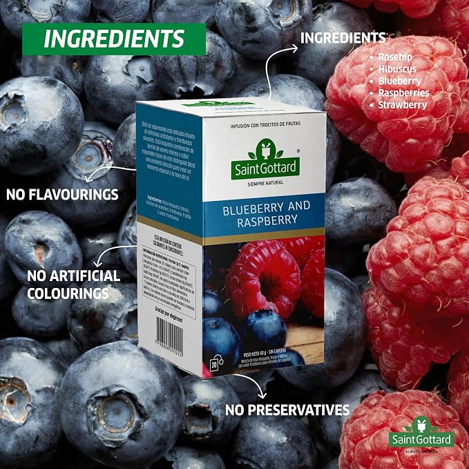 Blueberry & Raspberry Saint Gottard Premium Herbal Tea – Natural Antioxidant Botanical Blend for Cleanse & Digestive Support – 40 Tea Bags – Naturally Low in Caffeine – Pure Herbs
