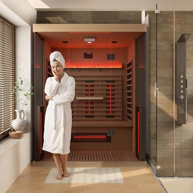 Full Spectrum Infrared Sauna, 2-3 Person Home Sauna with 6 Heating Tubes&3 Carbon Plate,Indoor Dry Sauna with Himalayan Salt Panel and LCD Touch Control Panel