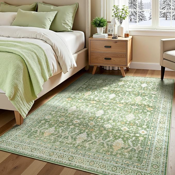 5x7 Area Rugs for Living Room, Washable Non-Slip Carpet, Light Green | Soft Rug for Bedroom, Dining Room, Home Office, Indoor, Nursery, Stain Resistant, Low Pile,Vintage Distressed Rug