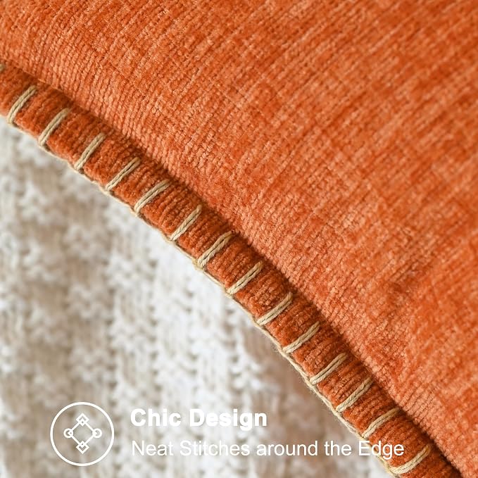 CaliTime Fall Decorative Throw Pillow Covers 16 X 16 Inches Burnt Orange | Pack of 2, Cozy Chenille Cushion Cases, Cotton Thread Stitching Edges, for Couch Sofa Bed Living Room Farmhouse