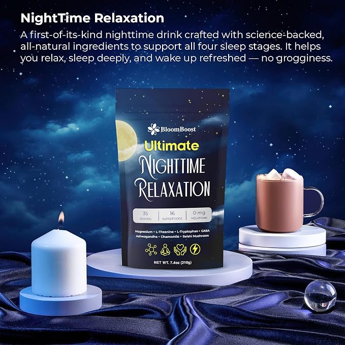 BloomBoost Magnesium Glycinate Powder, Upgraded Formula with Vanilla Coconut Powder, GABA, L-Theanine, Ashwagandha and Chamomile, Natural Berry Flavor - Perfect for Evening Wind-Down & Cozy Nights