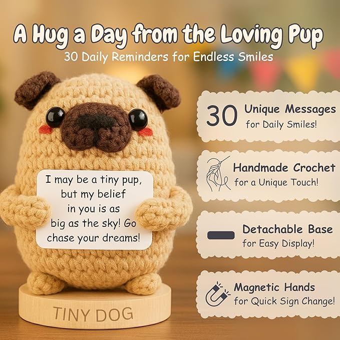 Dog lover Gifts for Women - Handmade Positive Crochet Animal with 30 Uplifting Signs from Your Best Friend - Funny Birthday Gifts for Dog Mom - Cute Funny Present Idea for Birthday, Christmas