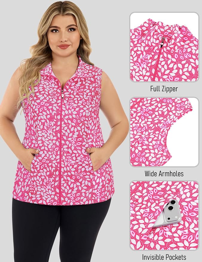 Misyula Style Plus Size Womens Golf Shirt Full-Zip with Pockets Tank Tops | Sleeveless, Quick Dry, Moisture-wicking, Lightweight Vests, Athletic, Tennis, Running, Workout, Casual, Travel, Work