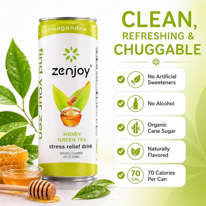 Adaptogen Drink Stress Relief Tea | Non Alcoholic Calming Drink w/Ashwagandha, Lemon Balm & L-Theanine for Focus | Stress Tea Calming Social Mocktail with Adaptogens (12 Pack, Honey)