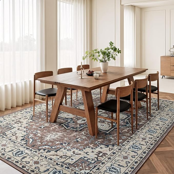 Rugflix 8x10 Area Rugs for Living Room, Washable Brown Beige Large Rug | Machine Washable; Stain-Resistant; Low Pile; Non-Slip; Vintage Printed; Carpet for Bedroom Dining Office Nursery Home