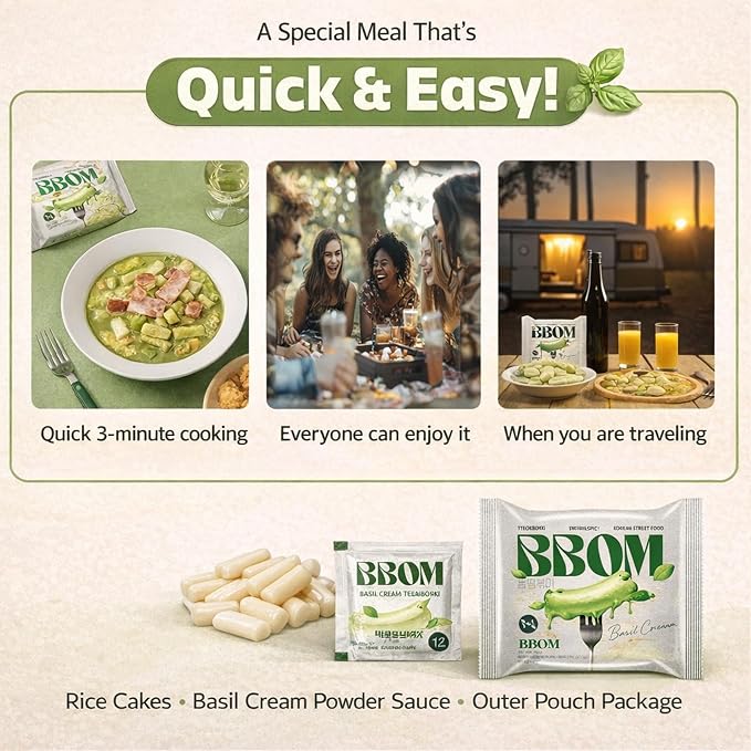 BBOM Instant Korean Tteokbokki Pouch – Basil Cream Flavor Korean Rice Cakes – Easy to Prepare Street Food – Includes Tray, Rice Cakes & Powder Sauce, 5.19 oz (147 g) x 2