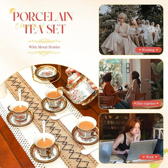 20 Pcs Porcelain Tea Set for Adults with Metal Holder and Spoon European Ceramic Tea Party Set Flower Painting Teapot Cup Saucer for Women Gift, Serving 6 People(Classic)