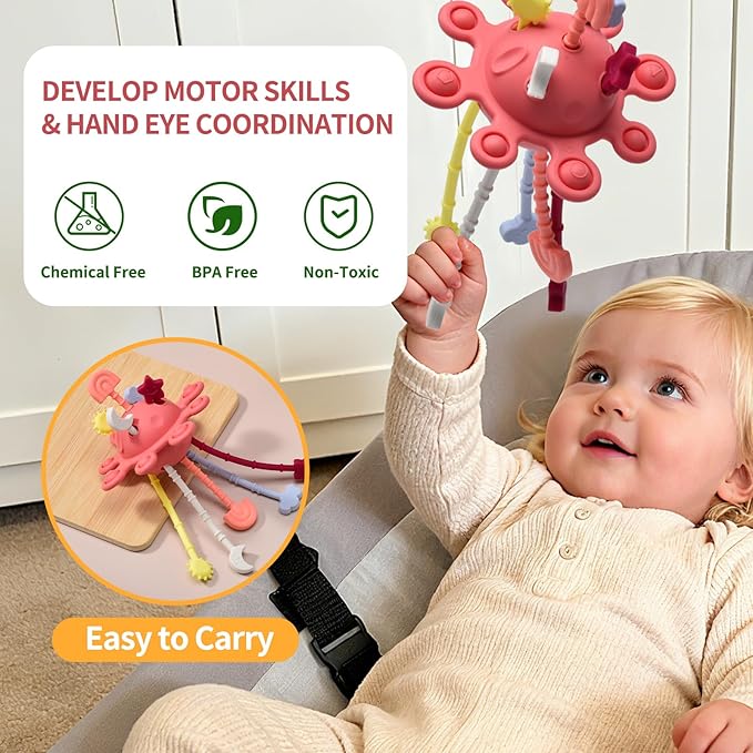 Little Rawr Silicone Baby Sensory Montessori Toys & Pull String Teething Toys for 18 M+, Toddler Birthday Gift Car Seat Airplane Travel Toy for 1 2 Year Old Boy Girl Infant 18+ Months Old (Red)