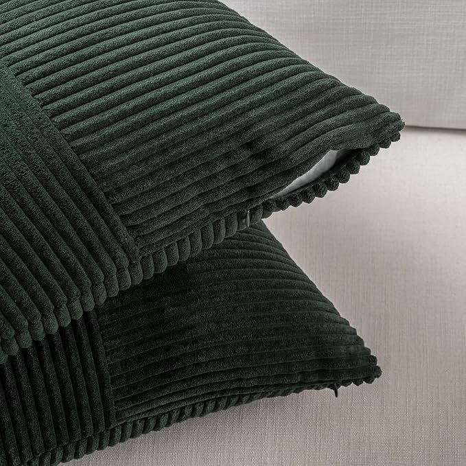 Fancy Homi 2 Packs Dark Green Lumbar Decorative Throw Pillow Covers 16x26 Inch for Living Room Couch Bed, Rustic Farmhouse Boho Home Decor, Soft Striped Corduroy Rectangle Accent Cushion Case 65x40 cm