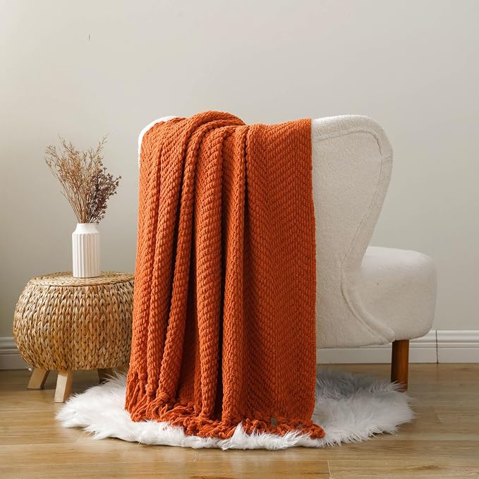 BATTILO HOME Burnt Orange Throw Blanket for Couch, 60"x80" | Knit Fall Decor Blanket Versatile for Chair, Decorative Halloween Throw Blanket with Tassels for Bed