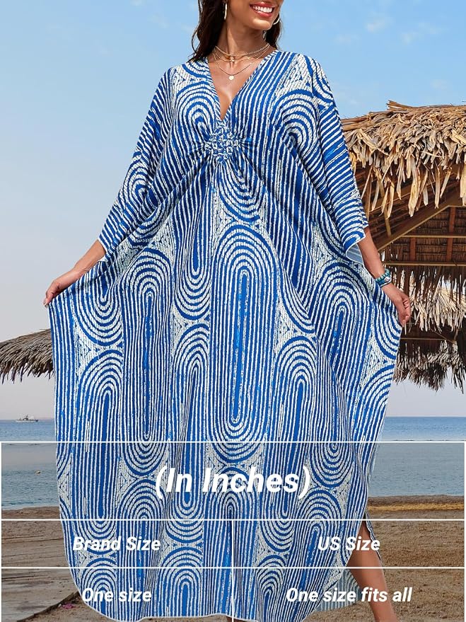 ChiaoLezhee Print Moo-Moos for Women, Kaftan Cover-Up Dresses, Sexy V-Neck High-Slit, Beach Pool-Party Coverups Muumuu Plus