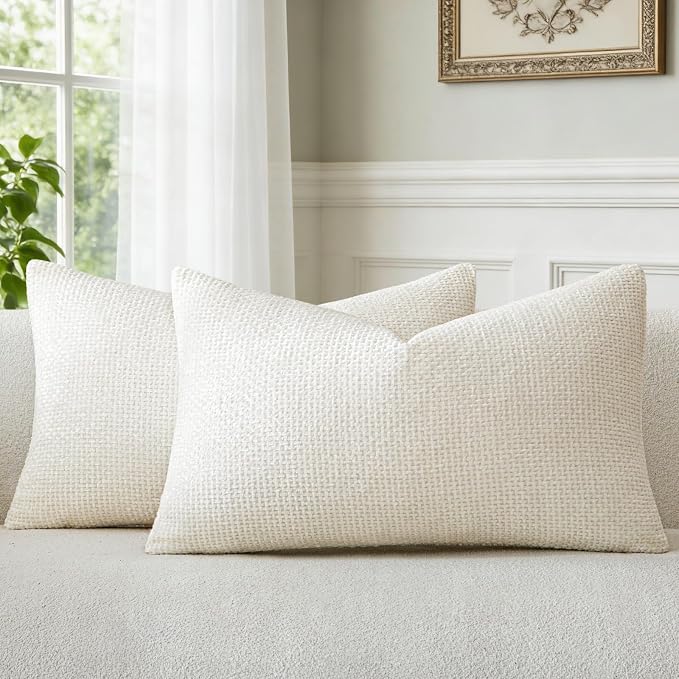 a moment Ivory Chenille Throw Pillow Covers 12x20 Inch Pack of 2 Modern Decorative Throw Pillow Covers Farmhouse Cross Covers Home Decor for Sofa Bedroom Living Room