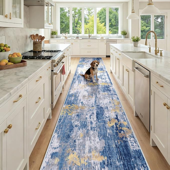 RELEANY Washable Runner 2'6"x14' Abstract Area Rug for Hallway Blue Gold | carpet for kitchen, entryway, bathroom, living room, bedroom, printed pattern, non-slip, soft, stain-resistant, easy to clean