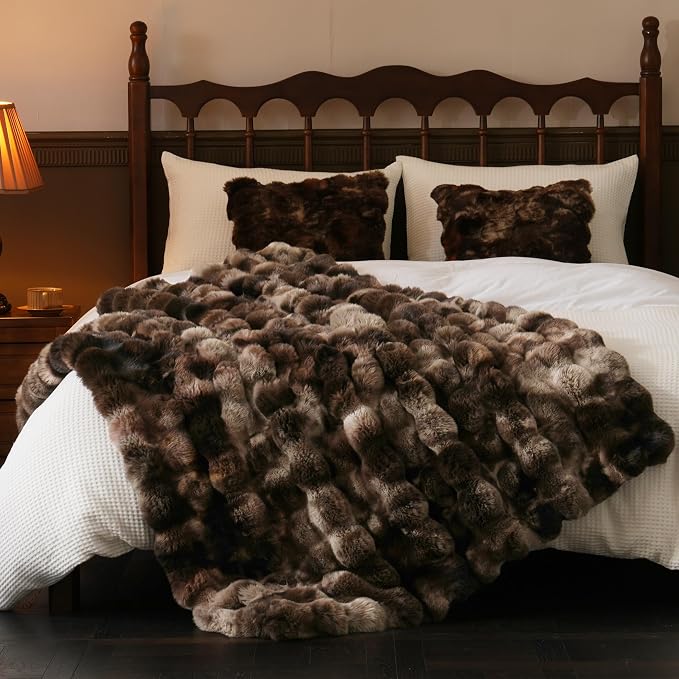 BENVWE Fluffy Faux Fur Throw Blanket for Couch, Soft Plush Thick Cozy Fuzzy Luxury Minky Bubble Blanket for Home Living Room Decor Gift for Women, Tie-dye Coffee, 60" x 80", 1100GSM