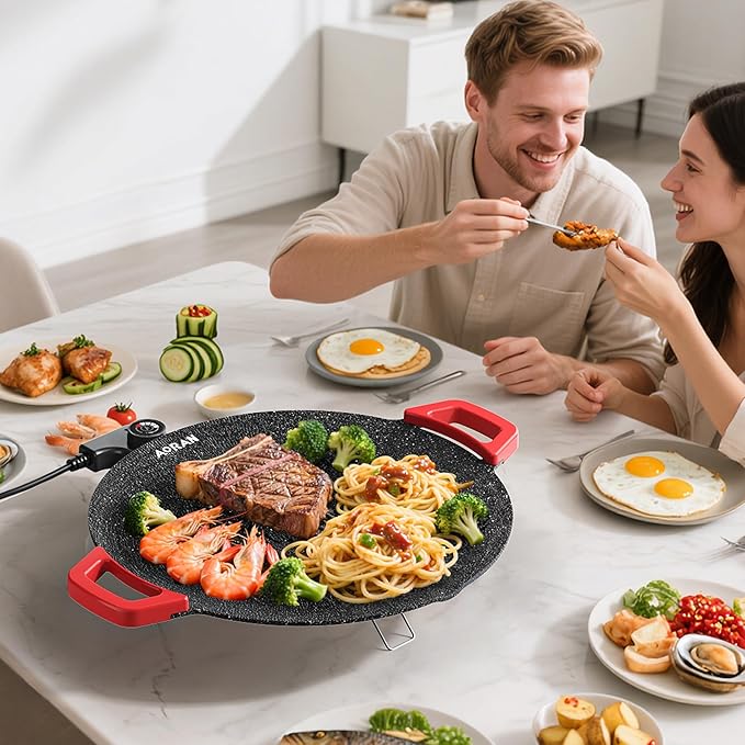 AORAN Indoor Grill Electric Smokeless Set – Nonstick Electric Griddle for Indoor Use, Compact & Versatile Cooking for Steaks, Pancakes & BBQ, Includes Silicone Spatula, Oil Brush & Food Tongs