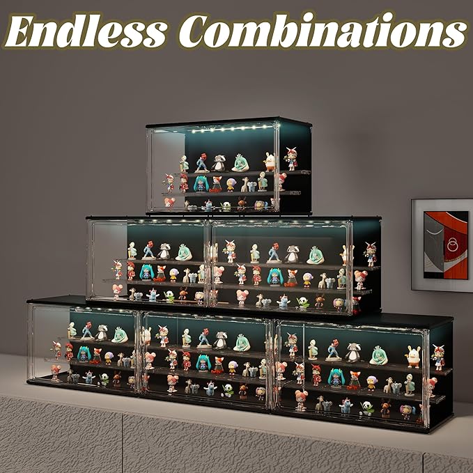 Clear Display Case for Collectibles, 3-Tier Adjustable Figure Display Case with LED Light, Stackable Acrylic Showcase with Magnetic Door for Jewelry,Collectibles (Black, 1 Pack-8.7" H)