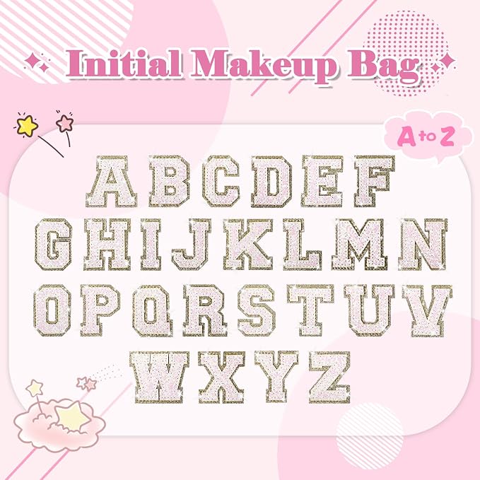 Small Personalized Initial A-Z Patch Makeup Bag,Pink Cute PU Leather Glitter Letter Cosmetic Bag for Teen Girls,Travel Toiletry Bag with Zipper,Preppy Monogrammed Birthday Gift for Daughter Niece A