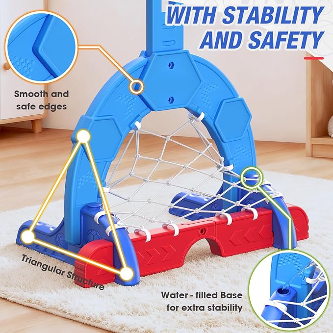 HYES Toddler Basketball Hoop, 3-in-1 Sports Activity Center with Soccer Goal, Golf Game, 5 Height Adjustable Kids Basketball Hoop, Indoor Outdoor Playset Toys Gifts for Boys Girls 3-5, Blue