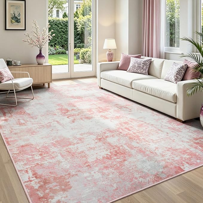 Rugflix 5x7 Area Rugs for Living Room, Washable Pink White Large Rug | Machine Washable; Stain-Resistant; Low Pile; Non-Slip; Modern Abstract; Carpet for Bedroom Dining Office Nursery Home