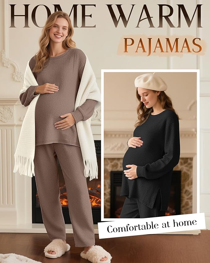 3 Pack Women's Maternity Shirts Long Sleeve Waffle Knit Side Split Oversized Tops Pregnancy Clothes Fall Tees