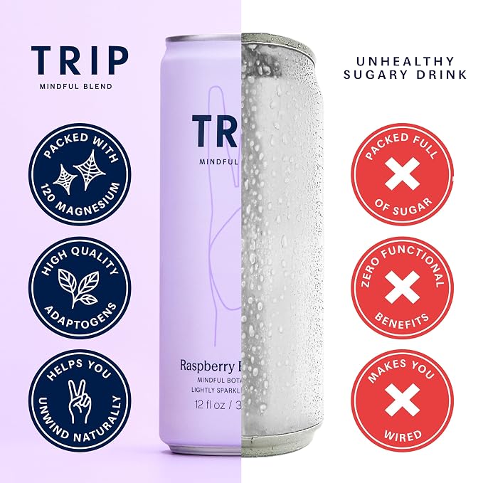 TRIP Lightly Sparkling Adaptogen Seltzer, Non-Alcoholic Mocktail with Magnesium, Ashwagandha, Lions Mane & L Theanine, No Added Sugar, Vegan, Original Variety Pack, 12 Oz, 12Pk