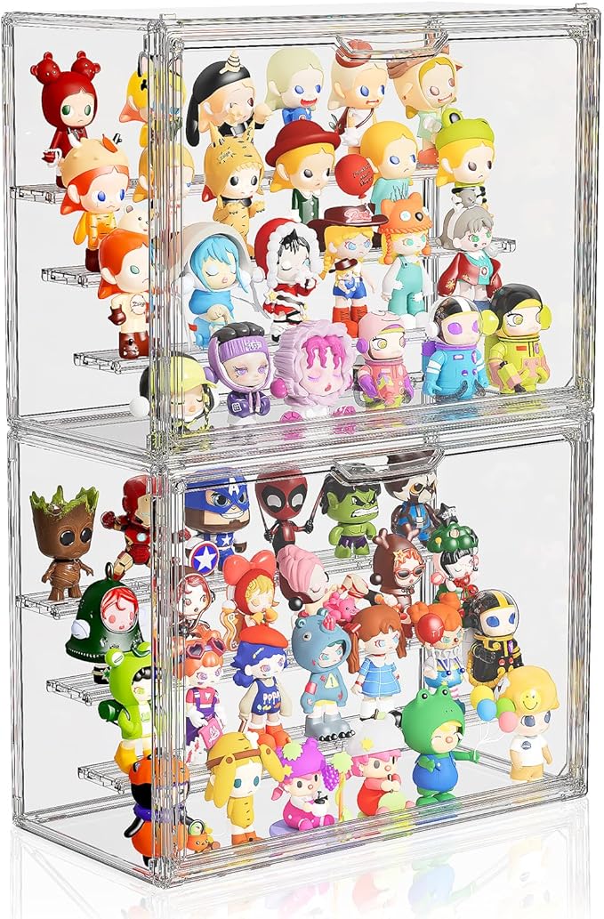 Clear Acrylic Display Case for Collectibles 4 Layer Hobby Figure Display Case Box with Shelves Stackable Figurine Display Boxes for Funko Pop Mart Labubu Model, 2 Pack