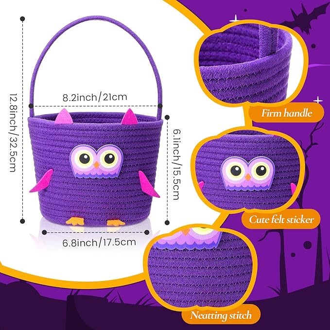 Halloween Basket with Handle Cute Bucket Cotton Rope Woven Candy Server Bag Pumpkin Witch Cat Pig Storage Basket for Halloween Party Favor(Owl,Purple,1 Pack)