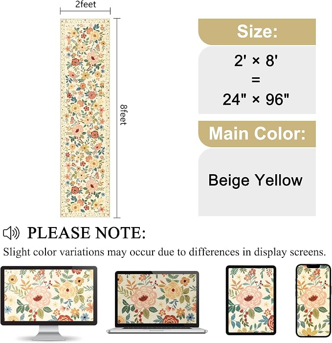 DUKINO 2x8 Kitchen Runner Rug, Washable Runner Rug Non Slip, Beige Yellow | Low Pile, Floral, Soft Indoor Rug for Hallway, Entryway, Bedroom, Bathroom, Pet Friendly, Stain Resistant, Modern Home Decor