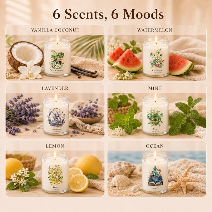 6 Pack Scented Candles Gift Set for Women - Soy Wax Jar Candles | 37.8oz Up to 300 Hours Long Lasting Burn Time, Fresh Scents - Watermelon, Vanilla Coconut, Lavender, Lemon, Mint, Ocean