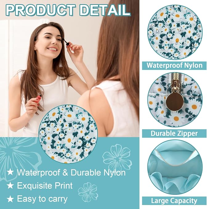 UIXIZQ Waterproof Large Floral Makeup Pouch,Nylon Travel Toiletry Storage Purse Preppy Cosmetic Bag for Women Girl,Large Capacity Makeup Organizer Zipper Pouch for Work(L Green-Daisy)