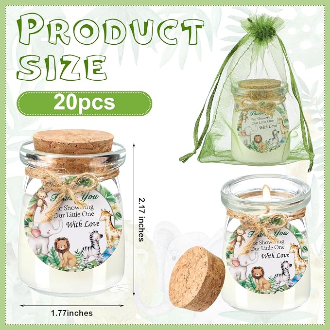 Threlaco 20 Pcs Jungle Animals Baby Shower Favors Party Candle Lavender Scented Glass Mason Jar Wax Candle Bulk for Guests Girl Boy Gender Reveal Party Gifts(Green)