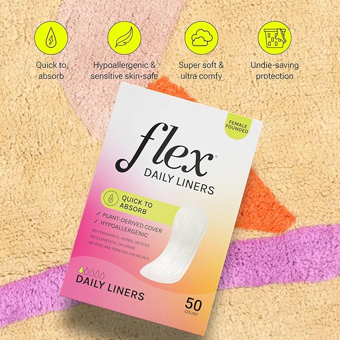 Flex Daily Liners | Ultra Thin Daily Pantyliners | Comfortable Fragrance-Free Feminine Care | 7.08” Long, 10mL Absorbency | Unscented | (2-Pack, 100 Liners Total)