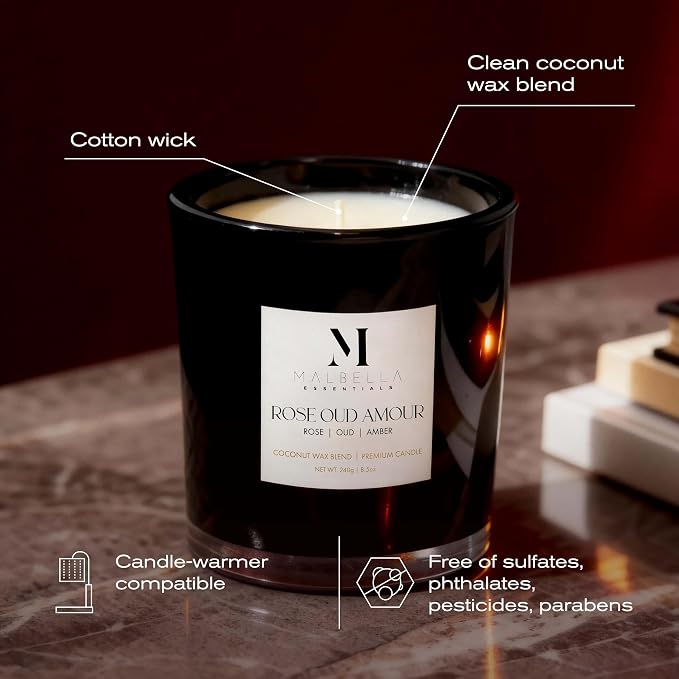 Candle & Warmer Set – 8.5 oz Coconut Blend Luxury Candle + Hand Blown Glass Lamp Warmer | Flameless Aromatherapy | Modern Self-Care Gift Set (Gold, Rose Oud)