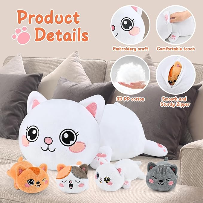 KMUYSL Cat Stuffed Animals Toys for Ages 3 4 5 6 7 8+ Years Old Kids - Mommy Cat with 4 Baby Kitty in Her Tummy, Idea Xmas Birthday Gifts for Baby, Toddler, Girls, Boys