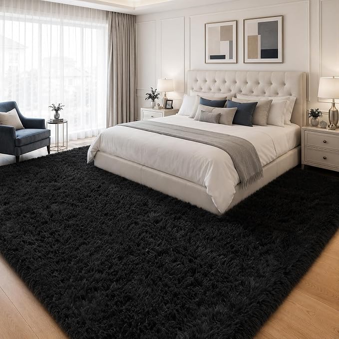 8x10 Area Rugs for Living Room Bedroom: Soft Fluffy Black Shag Upgrade Non-Slip High Pile Carpet Large Fuzzy Plush Indoor Floor Decor Shaggy Rug for Kid Boys Girls Dorms Playroom Nursery Modern Home