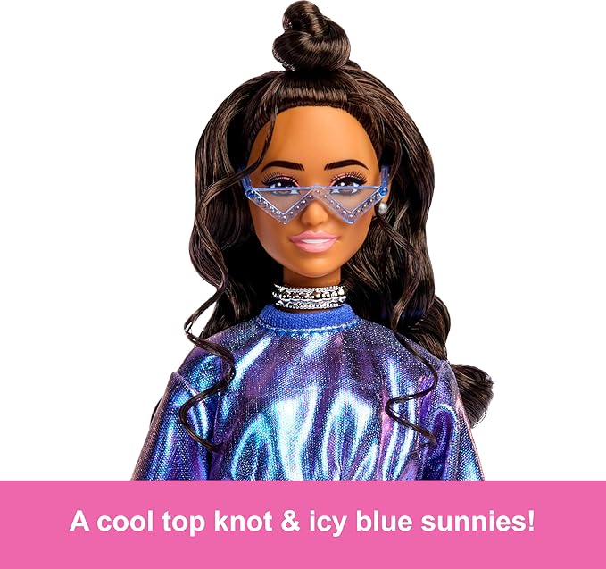 Barbie Deluxe Style Doll #7 in Metallic Blue Top and Skirt, Wavy Brown Hair, Accessories Like Silvery Jewelry, Crystal Handbag and Sunglasses