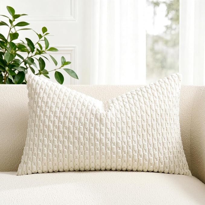 Kevin Textile Soft Corduroy 12"x20" Lumbar Pillow Cover 1 Pack, Cream White | Boho Stripe Plush Corduroy Decorative Oblong Cushion Cover Modern Farmhouse Home Decor for Sofa Couch Bed Chair