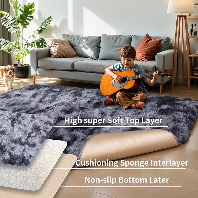 6x9 Thick Tie-dye Dark Grey Shag Rug for Bedroom, Soft Plush Fluffy Carpet | Gray Area Rug for Living Room, Kids Nursery, Dorm Room, Washable Non Slip Soft Plush Shaggy Carpet