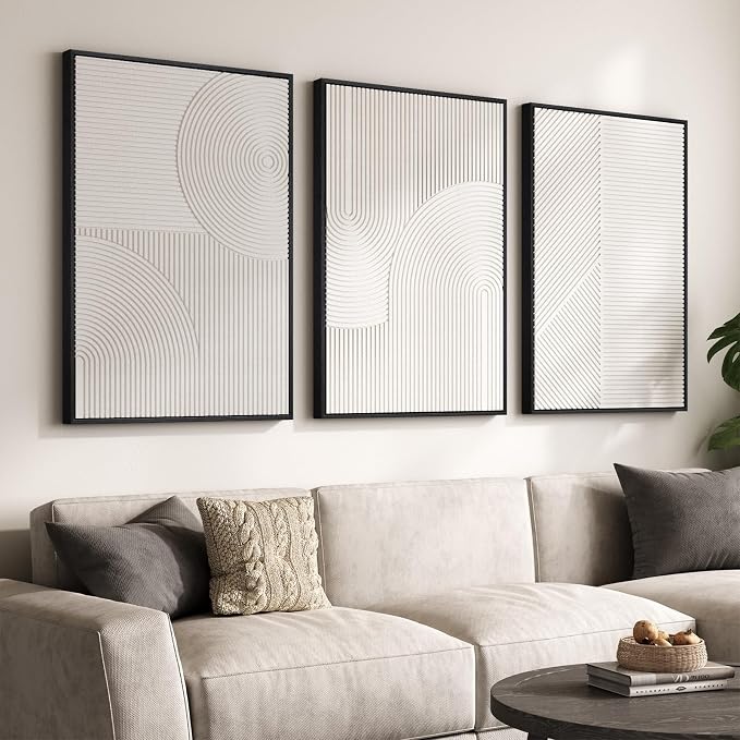 Large Framed 3D Textured Abstract Wall Art for Living Room, 3 Piece Modern White Geometric Pictures Wall Decor, Minimalist Line Paintings for Bedroom Dining Room Hallway Office 24x36 In