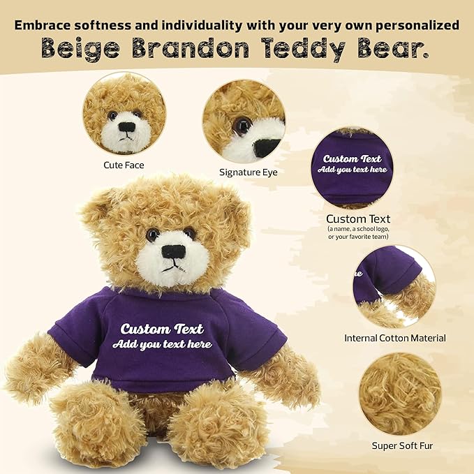 Customized Beige Brandon Bear - 12 inch Personalized Stuffed Bear Plush Toy - Perfect Custom Shirt Bear Gift for Graduation Valentines Graduation Easter Holidays (Purple Shirt)