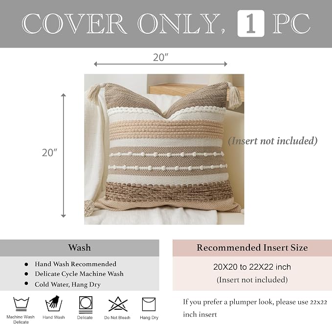 Brown Decorative Throw Pillow Cover 20x20 Square Boho Accent Pillowcase Tassels Farmhouse Cushion for Couch Sofa Bedroom Livingroom Home Décor Cover ONLY (Pack of 1)