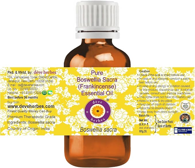 Deve Herbes Pure Boswellia Sacra (Frankincense) Essential Oil (Boswellia Sacra) Steam Distilled 100ml X 3 (10 oz)