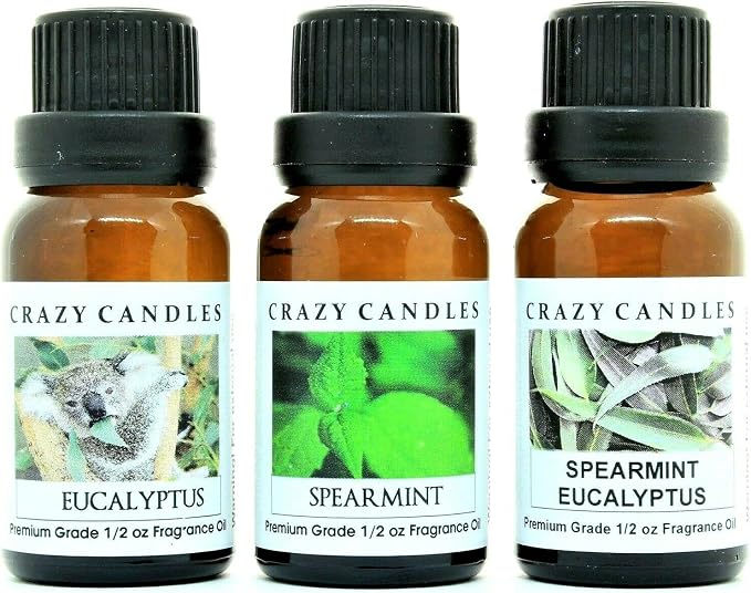 Crazy Candles 3 Bottles Set, 1 Eucalyptus, 1 Spearmint Eucalyptus, 1 Spearmint 1/2 Fl Oz Each (15ml) Premium Grade Scented Fragrance Oils
