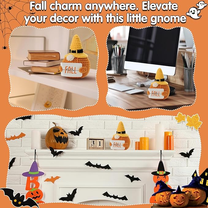 Hello Fall Handmade Halloween Witch Hat Crochet Pumpkin Gnome Plush - Autumn Season Thanksgiving Home Office Harvesting Color Table & Desk Decor Christmas Ornaments